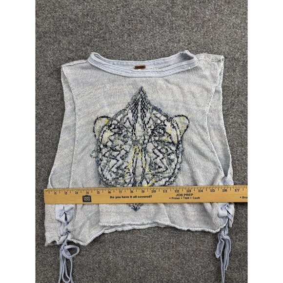 Free People Sweater Vest Womens XS Blue Embroidered Knit Lace Up Boho Cropped - Picture 3 of 6